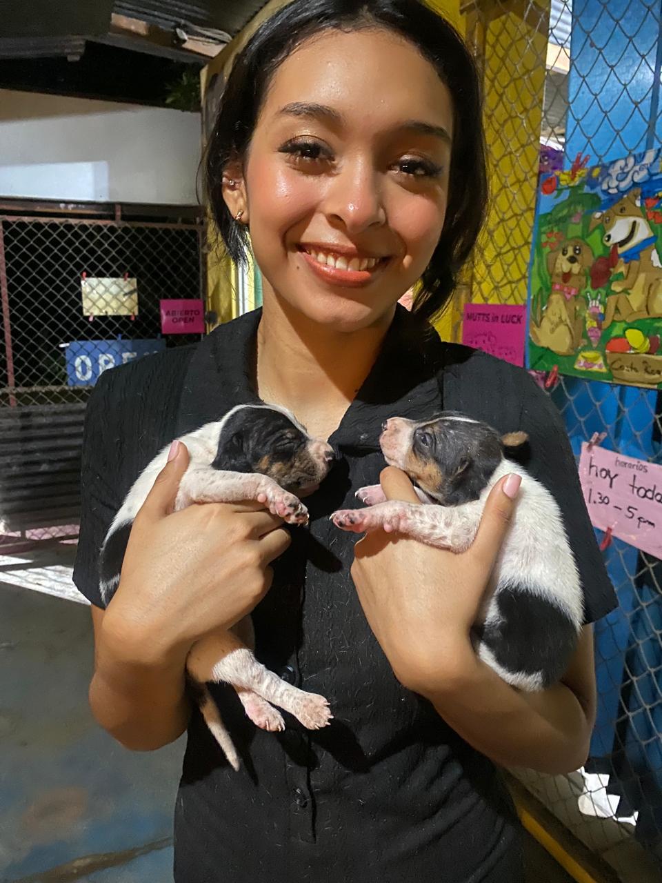 Woman holding two rescued puppies